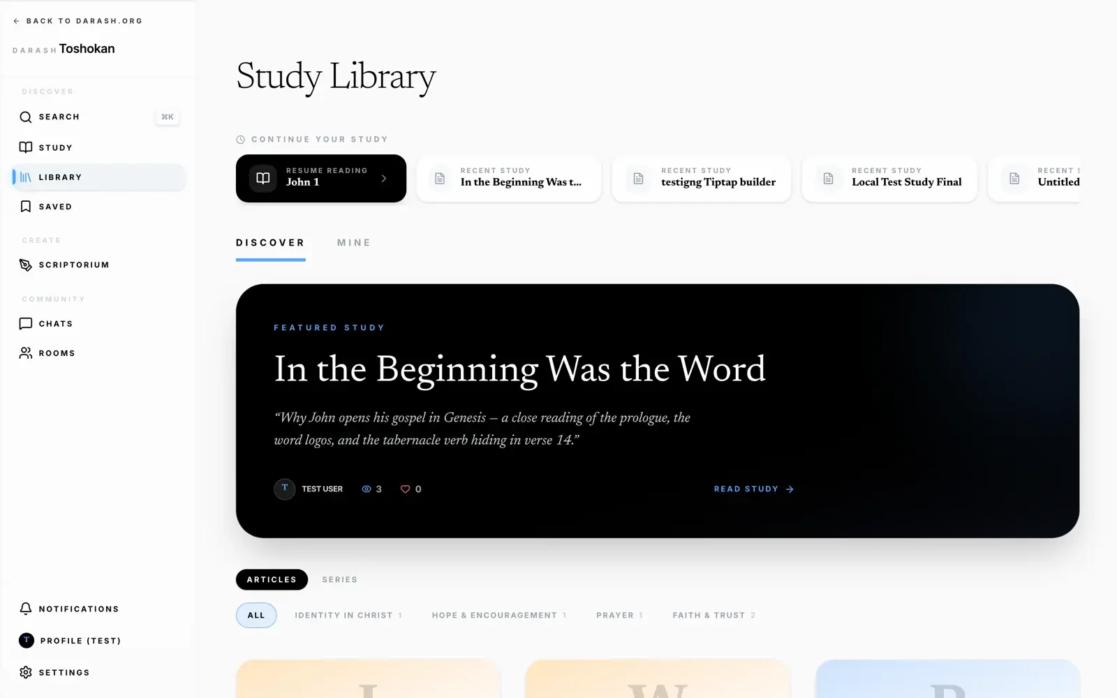 The Study Library, with a featured study and topic filters