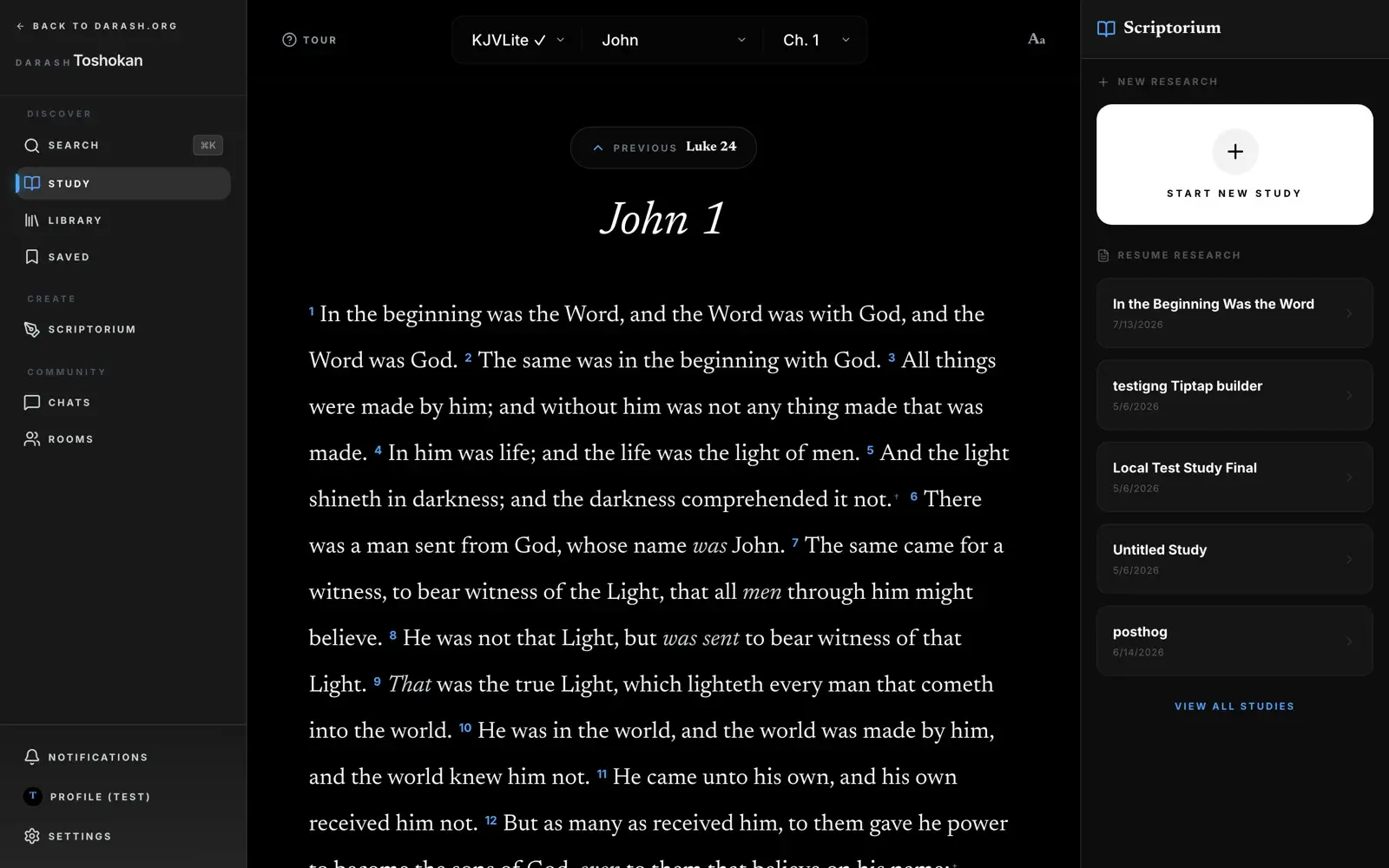 The reader in dark mode