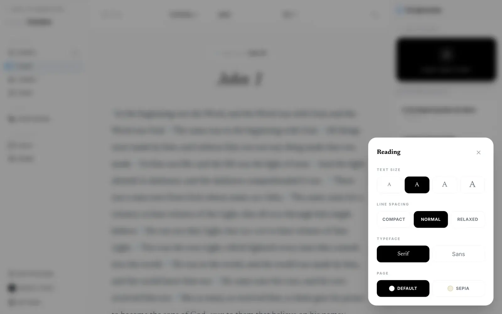 The reading settings panel with text size, line spacing, typeface and page controls