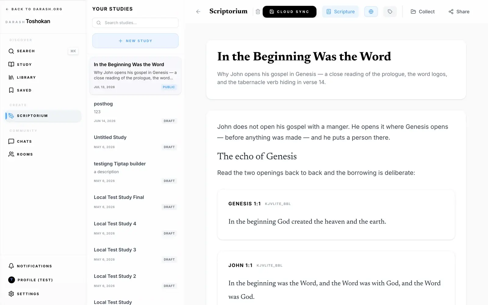 The Scriptorium editor with a study open