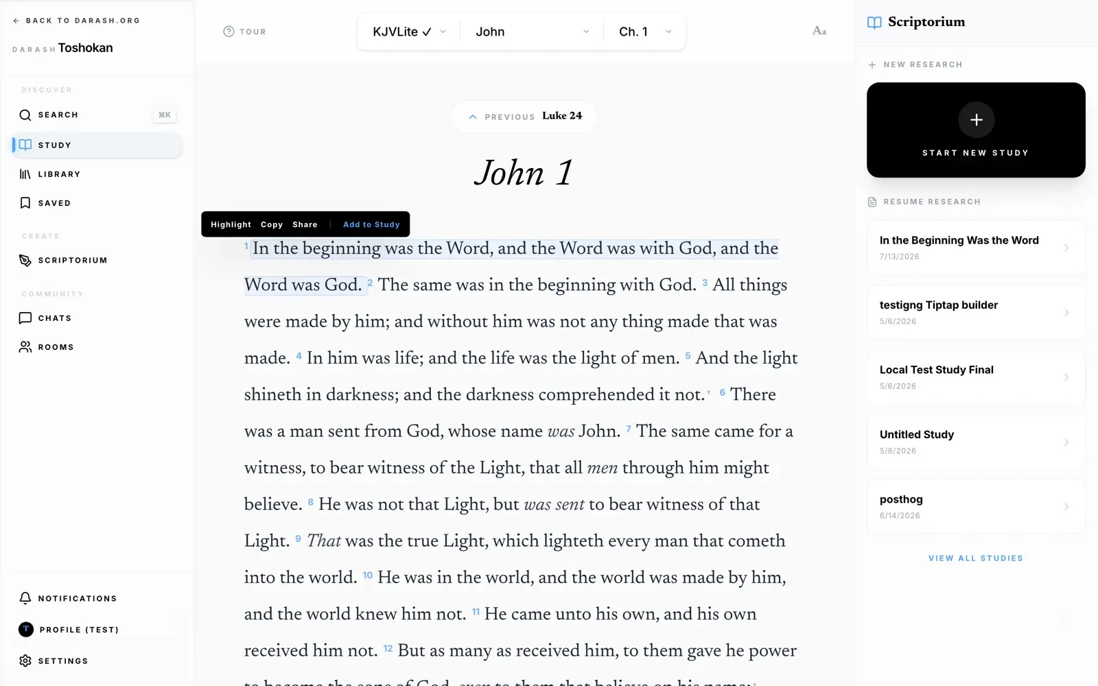 The verse action bar showing Highlight, Copy, Share and Add to Study